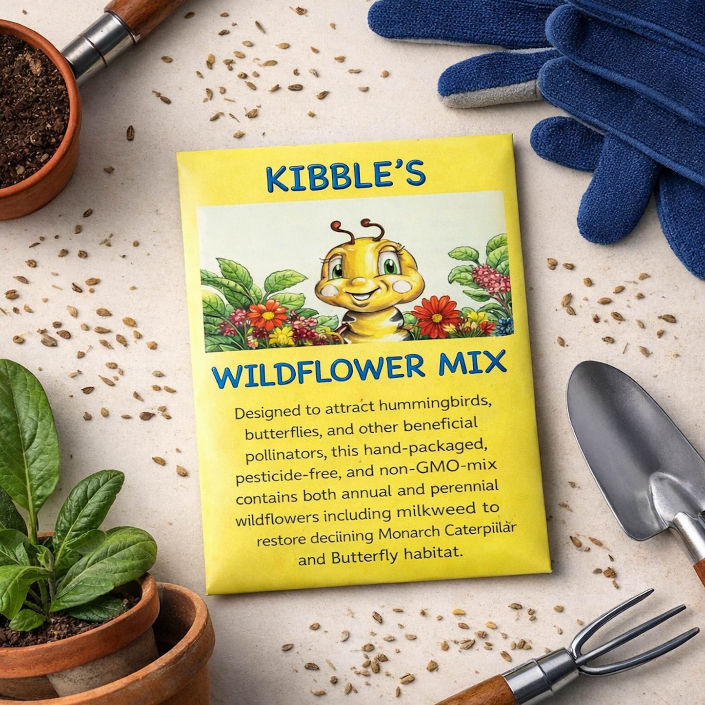 Kibble wildflower seed packet for monarch butterflies and pollinator garden for kids.