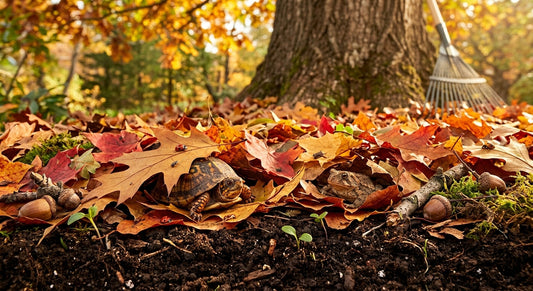 Autumn leaves beneath a tree with a rake, turtle, and frog