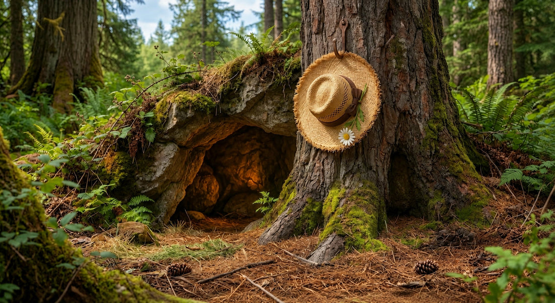 A cozy forest cave glowing beside a tree with a straw hat hanging on it.