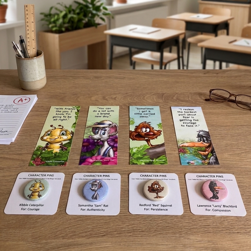 Four illustrated bookmarks and four character pins from the book Kibble the Monarch Caterpillar Afraid to Get Wings by Anita Gnan. Bookmarks and pins feature the characters Kibble Caterpillar, Samantha Rat, Redford Squirrel, and Larry Blackbird from the book. They are arranged on a wooden desk, in front of a classroom background. 