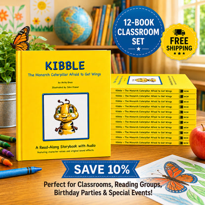 A 12-book classroom set of Kibble the Monarch Caterpillar Afraid to Get Wings storybook with audio by Anita Gnan image with one of the Kibble books standing on a classroom desk with 11 of the Kibble books stacked behind it. There are crayons and a colored-in picture of a monarch butterfly in the foreground with a globe and other classroom books in the background. 