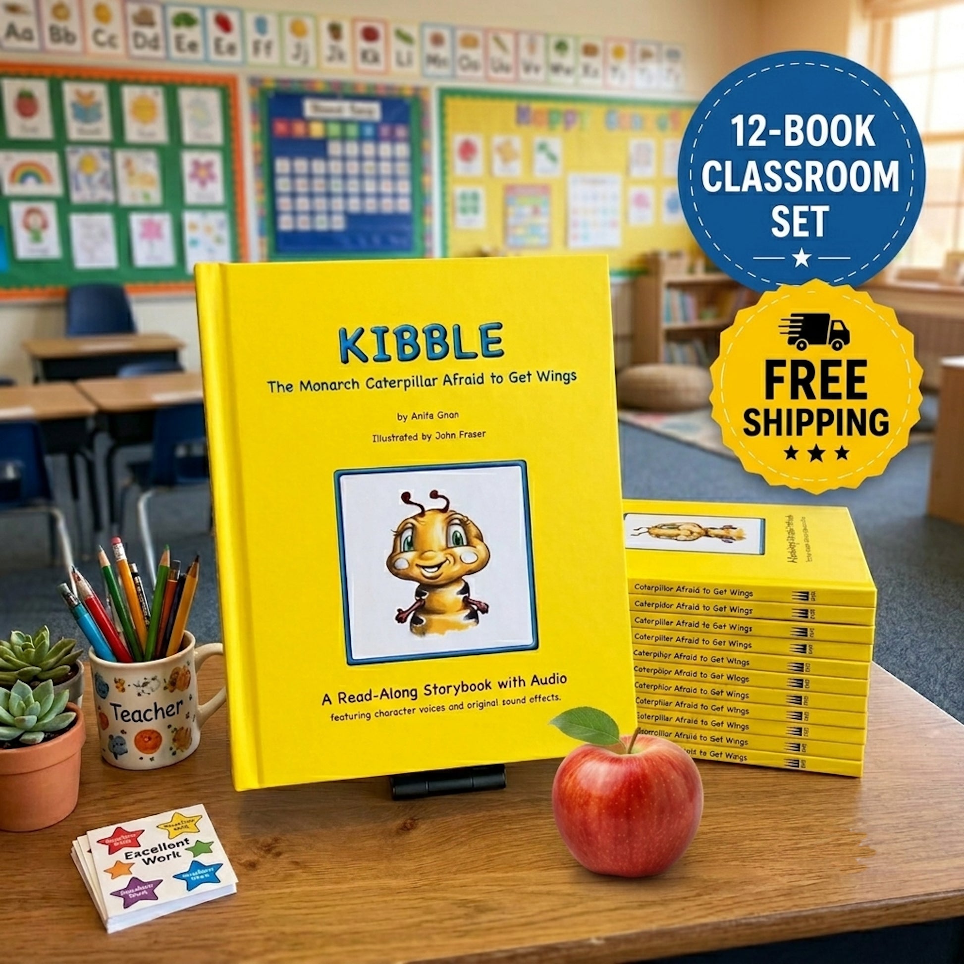 A 12-book classroom set of Kibble the Monarch Caterpillar Afraid to Get Wings storybook with audio by Anita Gnan image with one of the Kibble books standing on a classroom desk with 11 of the Kibble books stacked behind it. There are crayons and a colored-in picture of a monarch butterfly in the foreground with a globe and other classroom books in the background. 