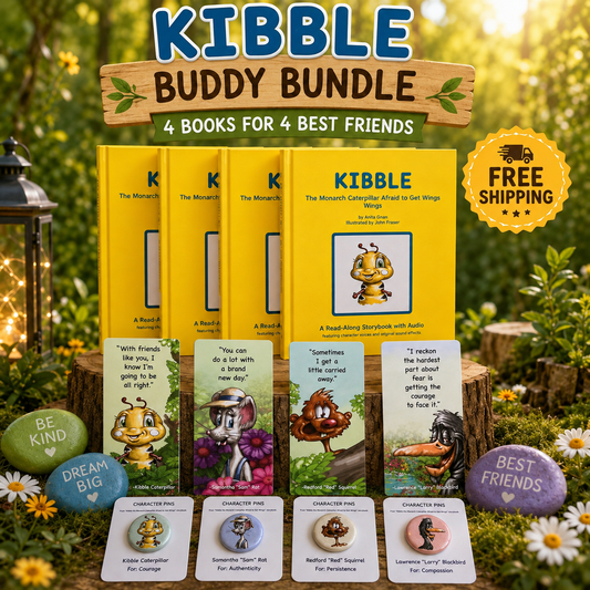 Four Kibble the monarch caterpillar afraid to get wings books for kids displayed behind four Kibble character bookmarks with quotes behind four character pins representing Kibble Caterpillar for courage, Samantha Rat for  Authenticity, Redford Squirrel for Persistence, and Larry Blackbird for Compassion.