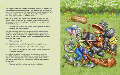 A sample page from "Kibble the Monarch Caterpillar Afraid to Get Wings" by Anita Gnan with Samantha Rat holding her peanut shaped lunchbox up high while Red Squirrel tries to reach it. Larry Blackbird keeps Kibble Caterpillar safe while trying to help Samantha.