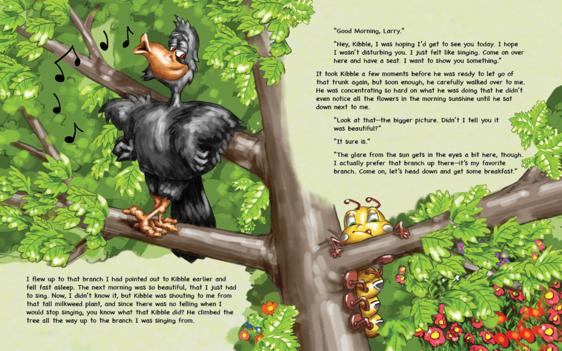 A sample page of "Kibble the Monarch Caterpillar Afraid to Get Wings" by Anita Gnan featuring Larry Blackbird whistling in a tree with Kibble caterpillar climbing the trunk to see him.