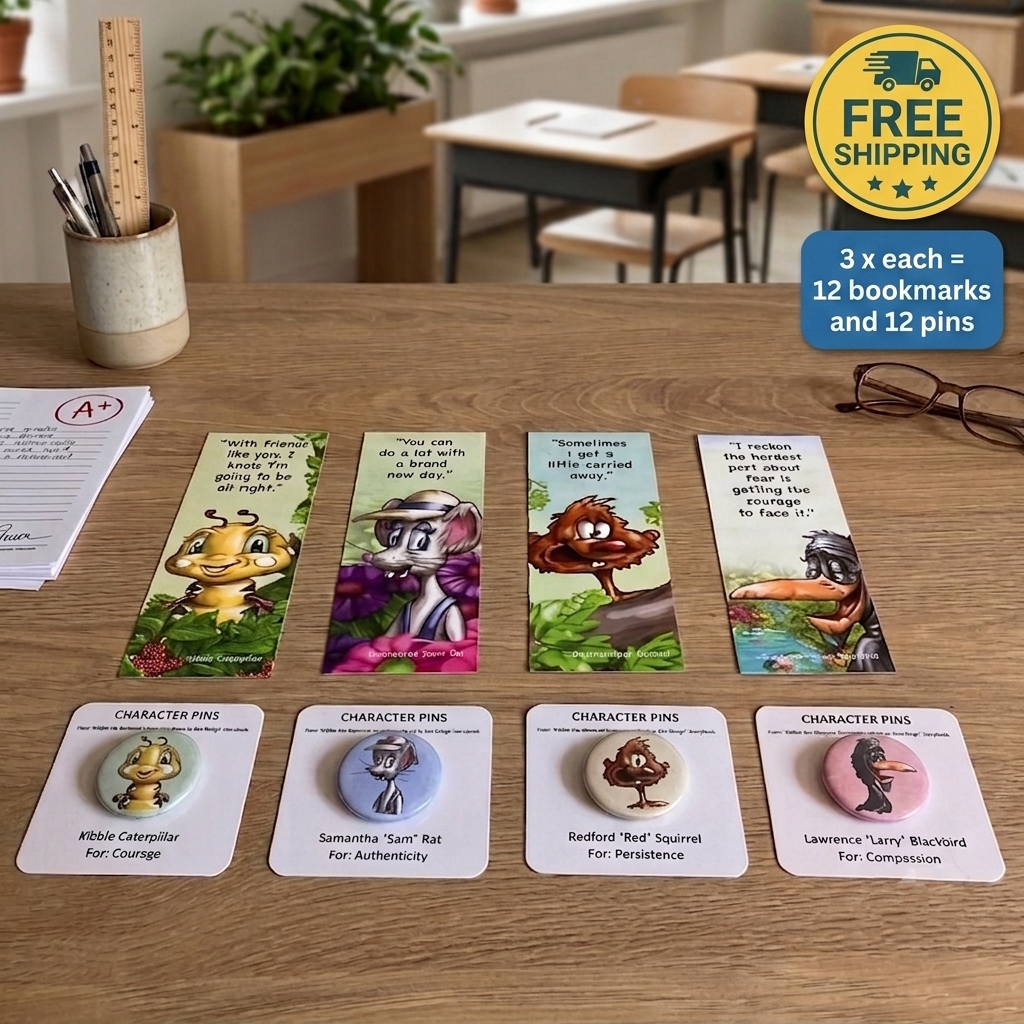Four illustrated bookmarks and four character pins from the book Kibble the Monarch Caterpillar Afraid to Get Wings by Anita Gnan. Bookmarks and pins feature the characters Kibble Caterpillar, Samantha Rat, Redford Squirrel, and Larry Blackbird from the book. They are arranged on a wooden desk, with a blurred classroom background. A yellow and blue 'FREE SHIPPING' promotional badge appears in the top right corner.