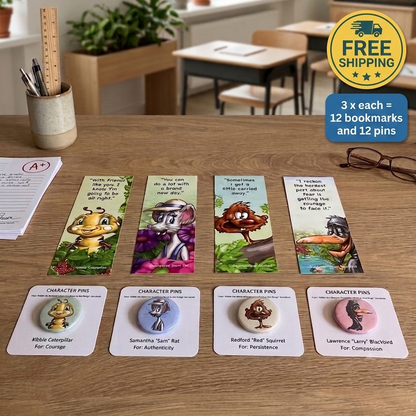 Four illustrated bookmarks and four character pins from the book Kibble the Monarch Caterpillar Afraid to Get Wings by Anita Gnan. Bookmarks and pins feature the characters Kibble Caterpillar, Samantha Rat, Redford Squirrel, and Larry Blackbird from the book. They are arranged on a wooden desk, with a blurred classroom background. A yellow and blue 'FREE SHIPPING' promotional badge appears in the top right corner.