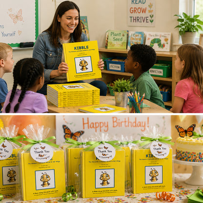Teacher holding a book titled Kibble the Monarch Caterpillar Afraid to Get wings in a classroom with children, followed by birthday party scene with decorations and a birthday cake with the same book as a birthday party favor tied neatly in several clear bags with a tag that says Thank you for coming.
