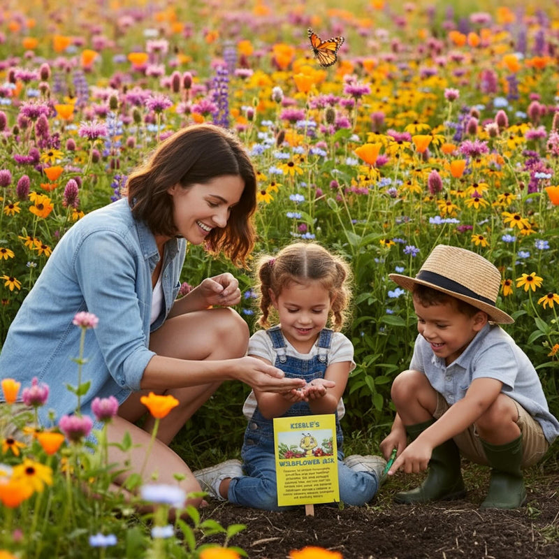 A family planting wildflower seeds from the Kibble the Monarch Caterpillar Afraid to Get Wings read along book with audio by Anita Gnan, to help pollinators and create a positive environmental impact. Seeds are free through and Kibble book published by, West Creek Media.