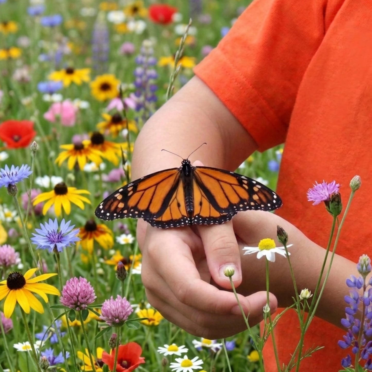 A male monarch butterfly resting on a child's arm with a field of kibble's wildflowers in the background. 