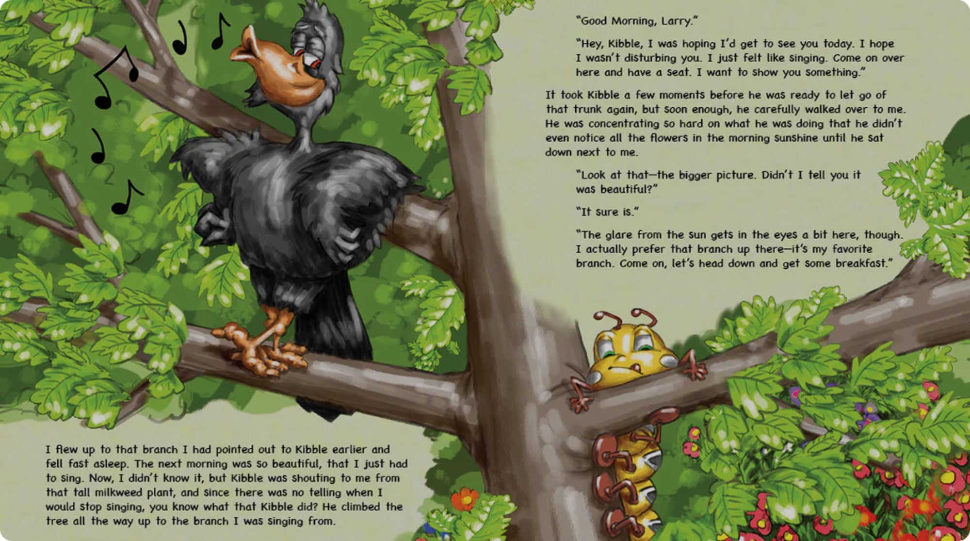 Load video: A free sample of "Kibble the Monarch Caterpillar Afraid to Get Wings" storybook with audio click-to-play option on West Creek Media's website. It shows a visual of Larry Blackbird singing in a tree while a young, vulnerable, but determined Monarch Caterpillar named Kibble climbs his way up the tree trunk toward Larry Blackbird. If sample audio is clicked, visitor can listen, along with a visual of the accompanying book's pages for sample audio. The book pages are beautifully illustrated, fully-color, with easy to follow page turns for young 4-8 year olds. The voices are individually voiced by professional actors and musicians in the entertainment industry. For every book purchased, one is given to a child in need. It also comes with Kibble Wildflower Seeds to encourage individuals to grow wildflower gardens to help declining pollinators. West Creek Media thanks you. Together we are growing a brighter, kinder world.