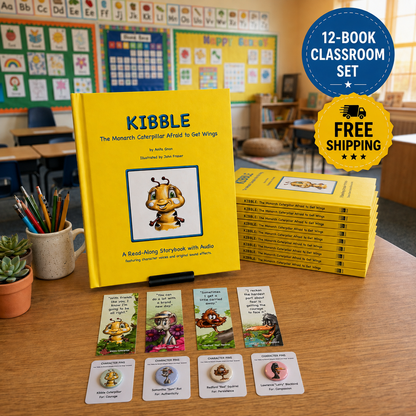 A 12-book classroom set of Kibble the Monarch Caterpillar Afraid to Get Wings storybook with audio by Anita Gnan image with one of the Kibble books standing on a classroom desk with 11 of the Kibble books stacked behind it. There are crayons and a colored-in picture of a monarch butterfly in the foreground with a globe and other classroom books in the background. 