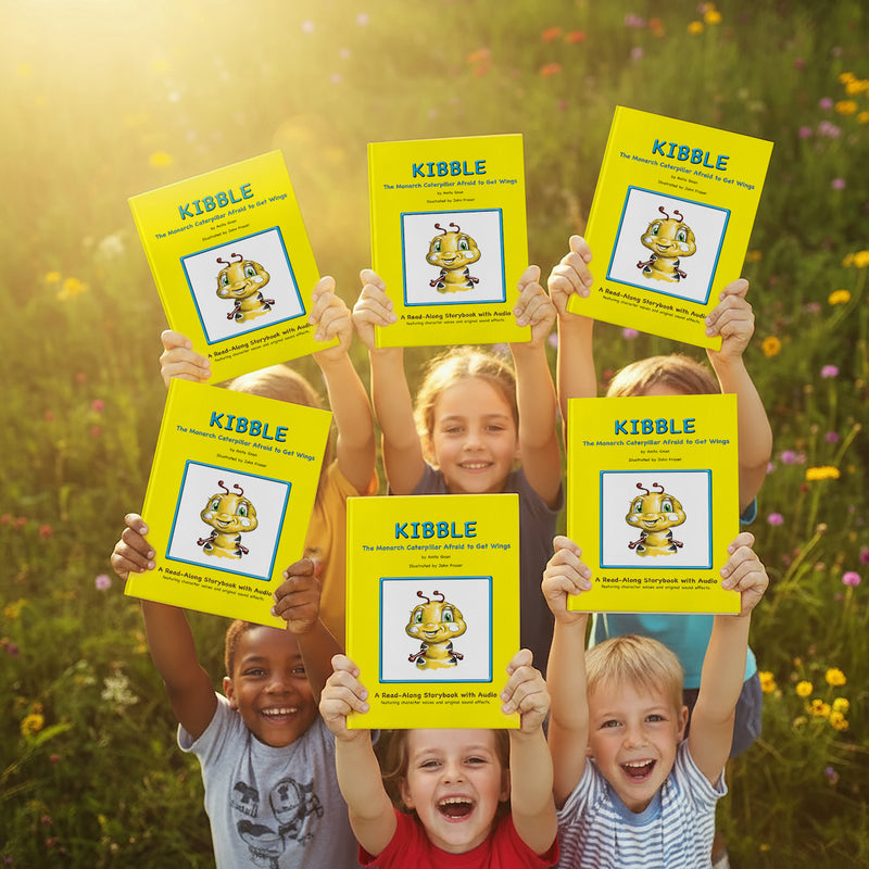 Happy children excitedly holding up Kibble the Monarch Caterpillar Afraid to Get Wings, a children's book by Anita Gnan about butterflies, nature, and facing fear with courage, published by West Creek Media.