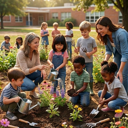 School kids gardening with free Kibble wildflower seed after reading "Kibble the Monarch Caterpillar Afraid to Get Wings" storybook and audio by Anita Gnan.